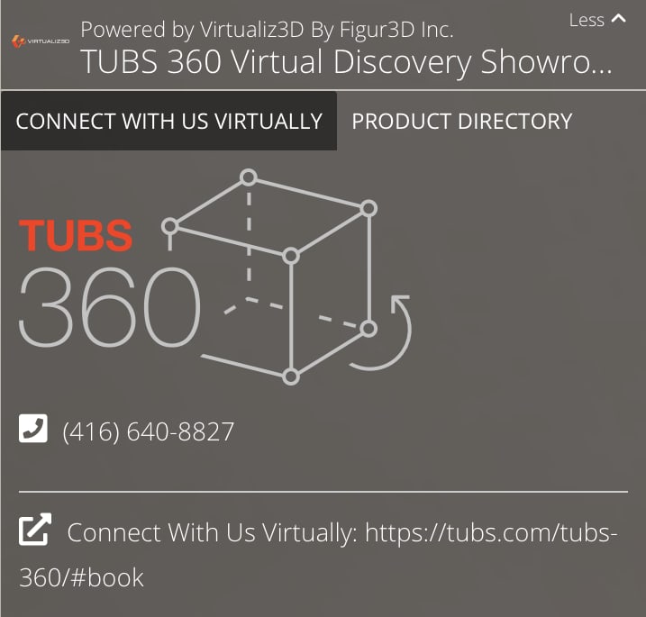The TUBS detail panel pinned to the top of the tour — Powered by Virtualiz3D header, two tabs (Connect With Us Virtually and Product Directory), the TUBS 360 logo, a phone number, and a booking link