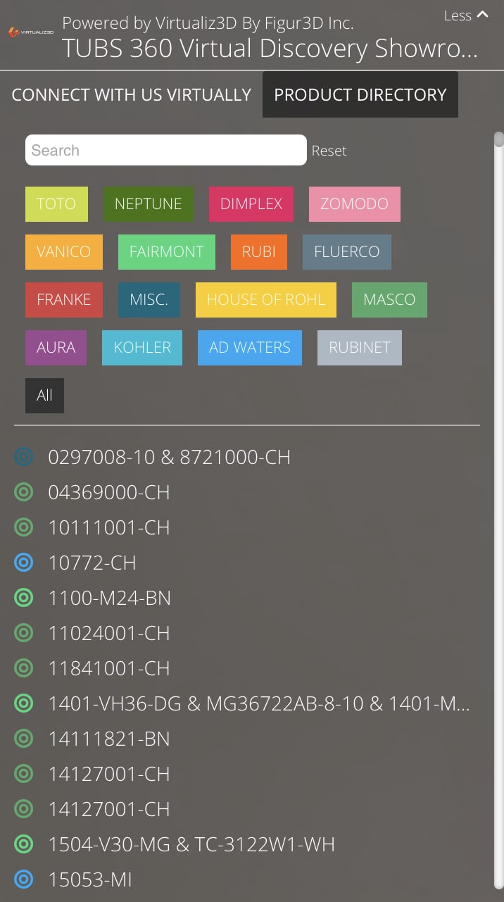 The product directory — search bar, coloured brand chips, and a scrollable SKU list