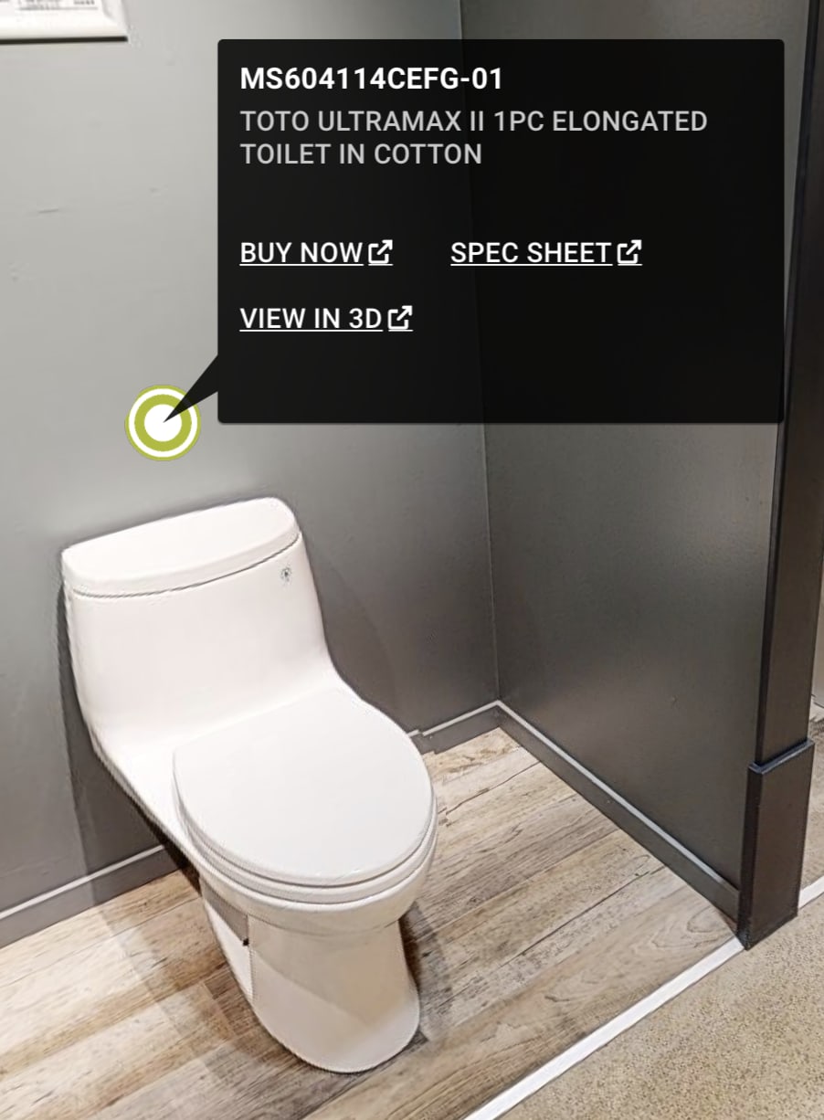 Info-tag close-up — product code, item name, and Buy Now / Spec Sheet / View in 3D action links