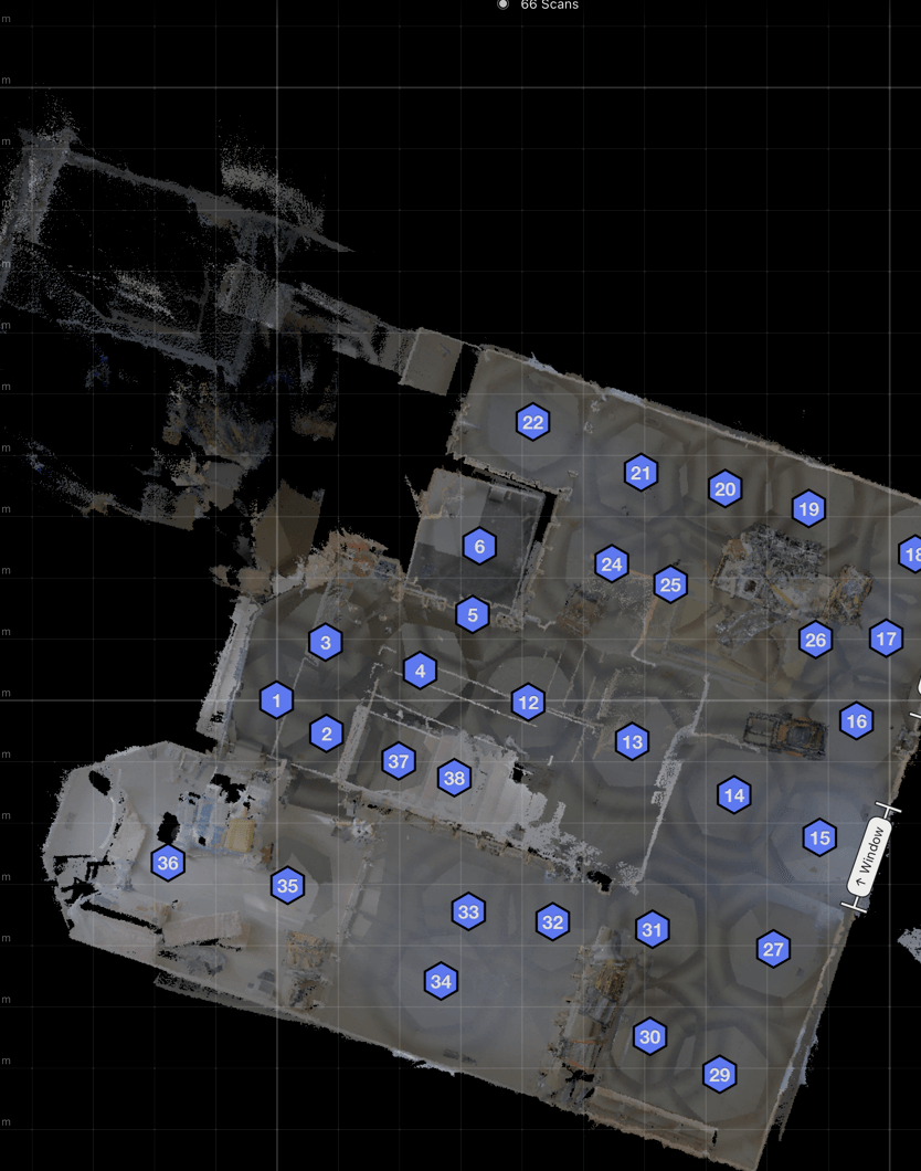 Bird's-eye view of 1204 West 5th Street scan showing 66 scan positions as blue dots across the home