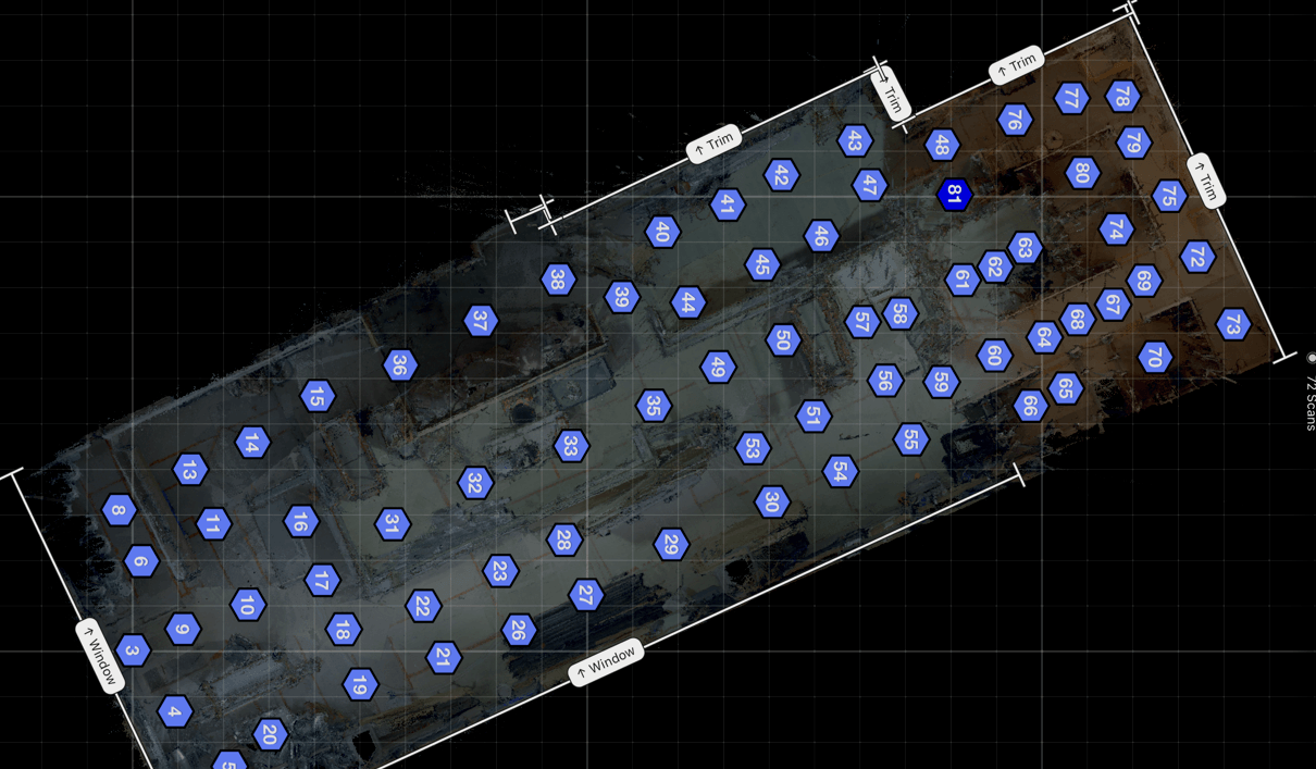 Bird's-eye view of the Bar Buca first progress scan showing all scan positions as blue dots across the restaurant footprint — dining area, bar, kitchen, washrooms