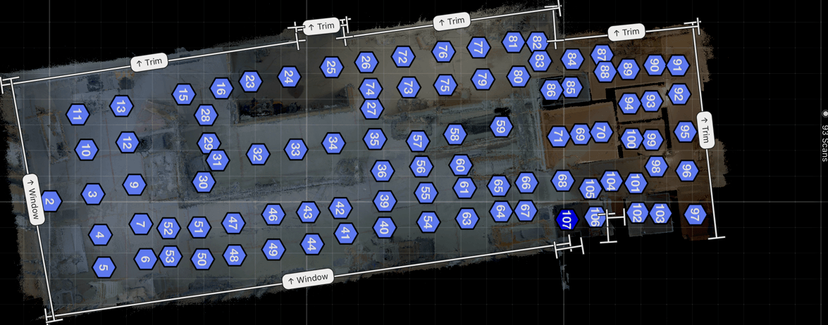 Bird's-eye view of the Bar Buca second progress scan showing all scan positions as blue dots across the same restaurant footprint after finishing surfaces went in