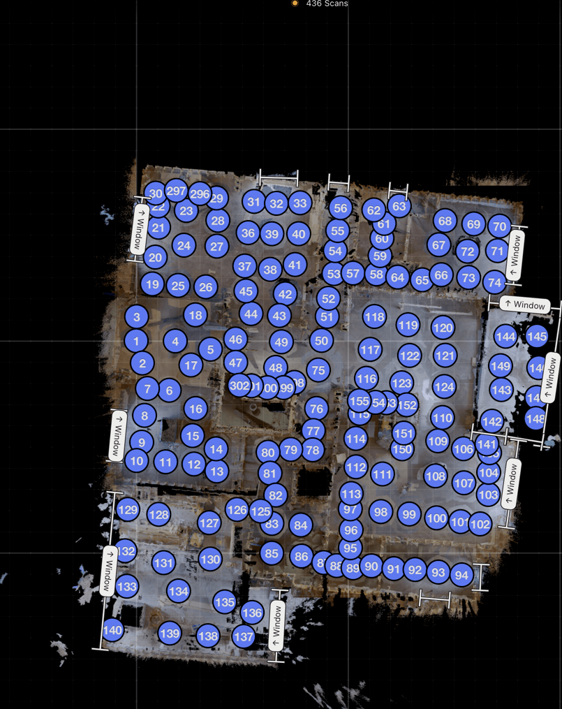 Bird's-eye view of the Birchview Estate showing all 436 scan positions across the home as blue dots — every room covered from multiple angles, dense coverage through framing, basement, and mechanical room