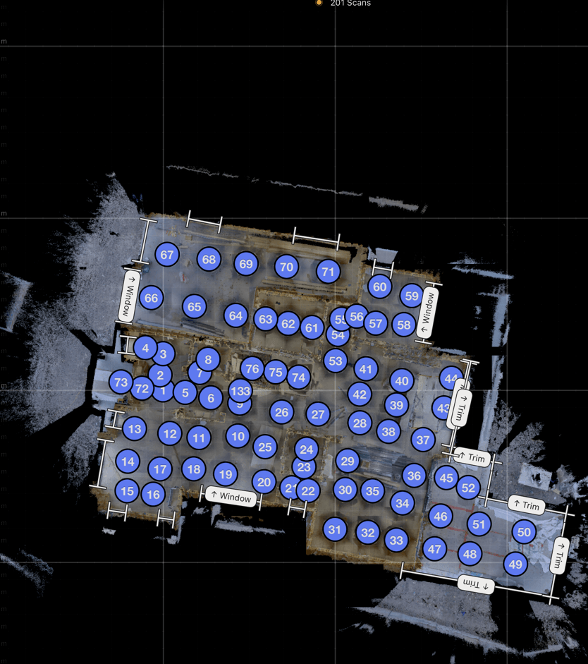 Bird's-eye view of the Caldwell Estate showing all 201 scan positions across the home as blue dots — covering main floor, upper floor, and basement rough-in