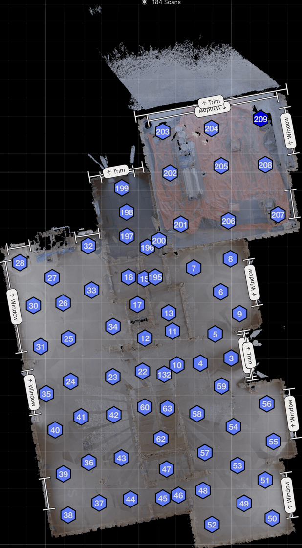 Bird's-eye view of the Kingdom Group estate scan showing 184 scan positions as blue dots across the building footprint