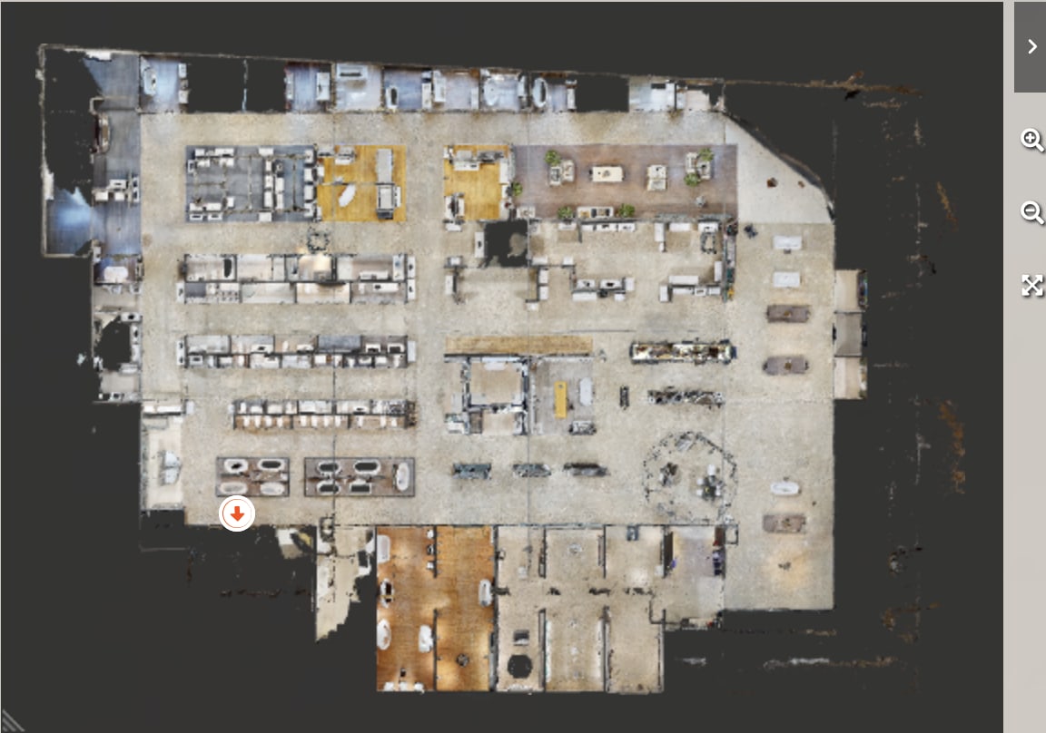 Top-down floor plan / mini-map view of the TUBS Virtual Showroom from the scan